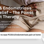 A woman holding her lower abdomen in discomfort, highlighting PCOS and Endometriosis pain relief through heat therapy. Text overlay promotes natural pain relief methods