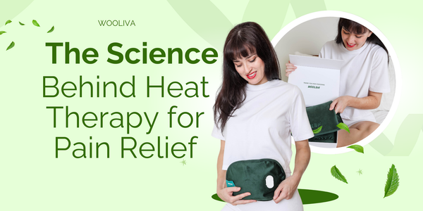 Woman using the Wooliva™ Rechargeable Electric Hot Water Bottle for pain relief, with a close-up of the product and packaging showcasing eco-friendly design.
