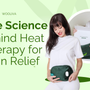 Woman using the Wooliva™ Rechargeable Electric Hot Water Bottle for pain relief, with a close-up of the product and packaging showcasing eco-friendly design.