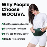 List of benefits of Wooliva electric hot water bottle, including long-lasting warmth, hands-free use, and eco-friendly cover.