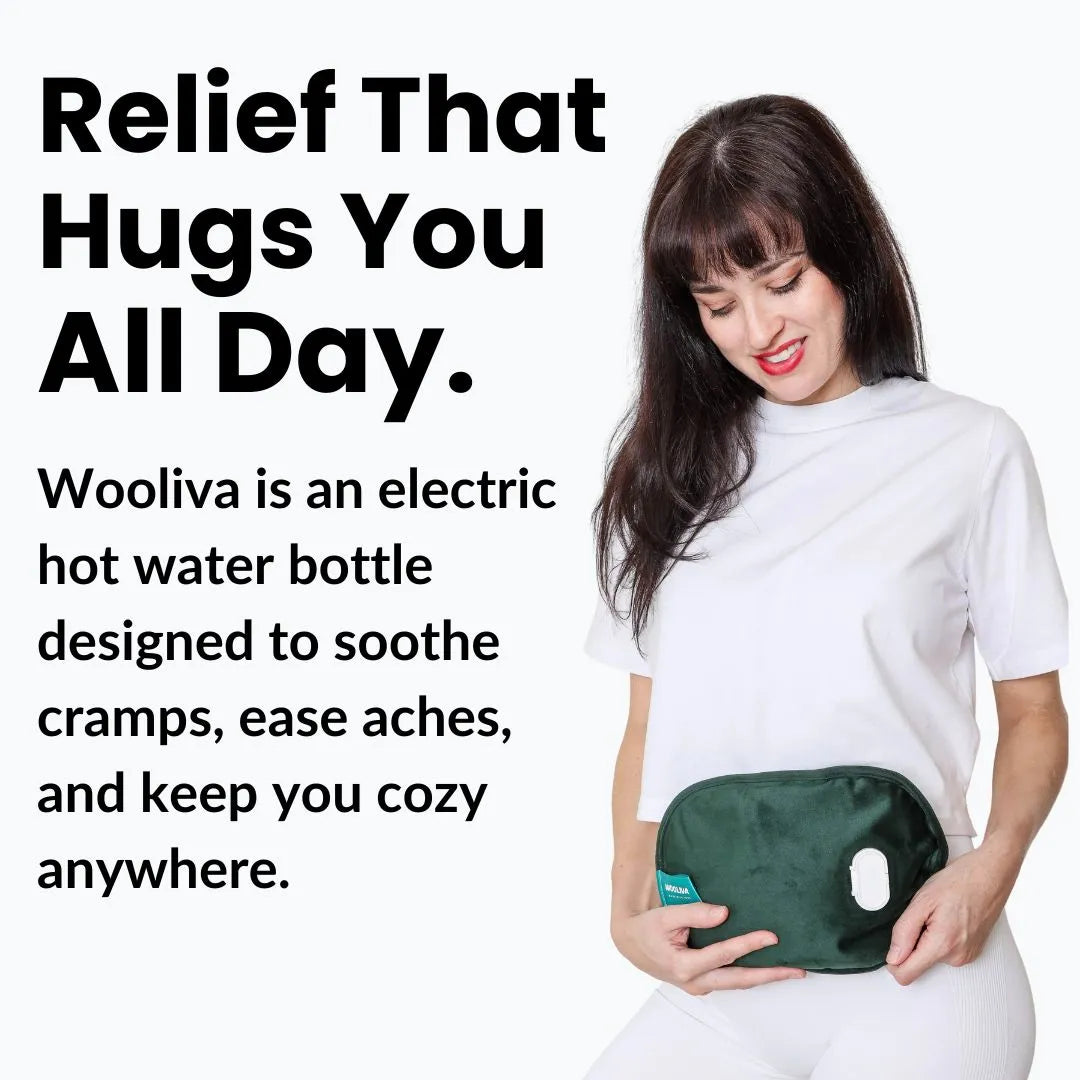 list of benefits of Wooliva electric hot water bottle, including long-lasting warmth, hands-free use, and eco-friendly cover.