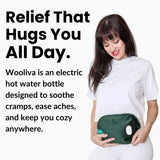 list of benefits of Wooliva electric hot water bottle, including long-lasting warmth, hands-free use, and eco-friendly cover.